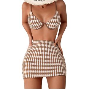imageFloerns Womens 3 Piece Bathing Suit Allover Print Swimwear Bikini Swimsuit with Beach SkirtCoffee Brown