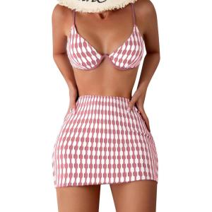 imageFloerns Womens 3 Piece Bathing Suit Allover Print Swimwear Bikini Swimsuit with Beach SkirtDusty Pink