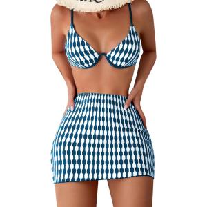 imageFloerns Womens 3 Piece Bathing Suit Allover Print Swimwear Bikini Swimsuit with Beach SkirtTeal Blue