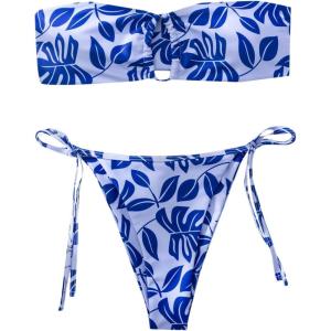 imageFloerns Womens All Over Print Tube Bandeau Bralette Tie Side Bikini SwimwearBlue