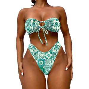 imageFloerns Womens All Over Print Tube Bandeau Bralette Tie Side Bikini SwimwearGreen Flower