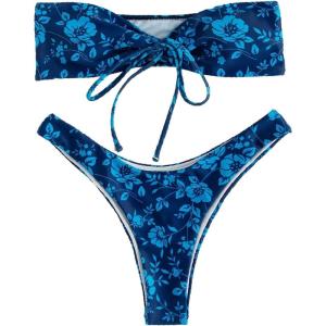 imageFloerns Womens All Over Print Tube Bandeau Bralette Tie Side Bikini SwimwearOcean Blue