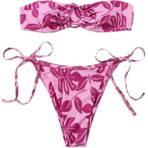 imageFloerns Womens All Over Print Tube Bandeau Bralette Tie Side Bikini SwimwearPink