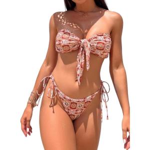 imageFloerns Womens All Over Print Tube Bandeau Bralette Tie Side Bikini SwimwearRed Multi