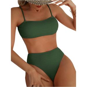 imageFloerns Womens Bathing Suit Floral Print High Waist 2 Piece Bikini SwimsuitArmy Green Solid