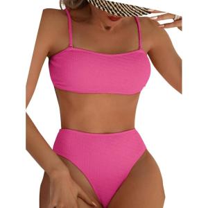 imageFloerns Womens Bathing Suit Floral Print High Waist 2 Piece Bikini SwimsuitHot Pink