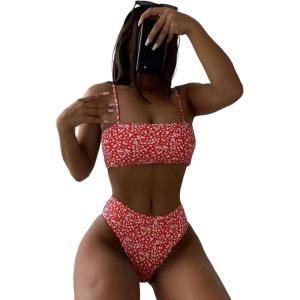 imageFloerns Womens Bathing Suit Floral Print High Waist 2 Piece Bikini SwimsuitRed and White