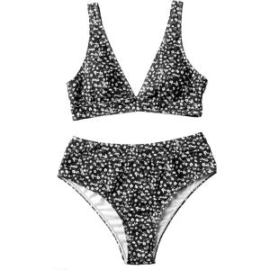 imageFloerns Womens High Waist Bikini Swimsuit Floral Print V Neck Bathing SuitBlack and White