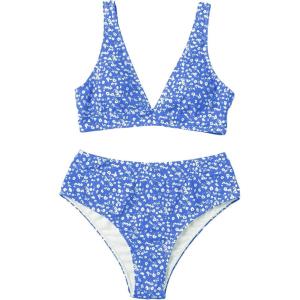 imageFloerns Womens High Waist Bikini Swimsuit Floral Print V Neck Bathing SuitBlue Floral