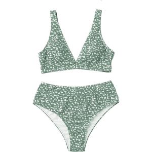 imageFloerns Womens High Waist Bikini Swimsuit Floral Print V Neck Bathing SuitMint Green