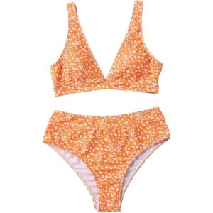 imageFloerns Womens High Waist Bikini Swimsuit Floral Print V Neck Bathing SuitOrange