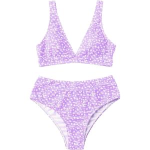 imageFloerns Womens High Waist Bikini Swimsuit Floral Print V Neck Bathing SuitPurple