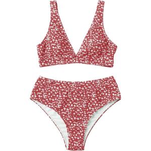 imageFloerns Womens High Waist Bikini Swimsuit Floral Print V Neck Bathing SuitRed Floral
