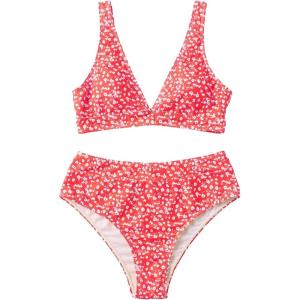 imageFloerns Womens High Waist Bikini Swimsuit Floral Print V Neck Bathing SuitWatermelon Pink