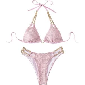 imageFloerns Womens Micro Triangle Bikini Set Cut Out Chain Two Piece Bathing SuitPink