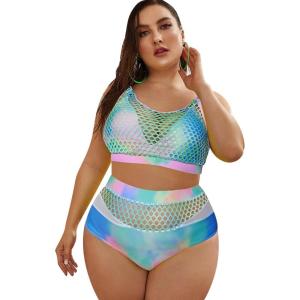 imageFloerns Womens Plus Size Bathing Suit Fishnet High Waist Bikini Set Rave OutfitGreen Multi