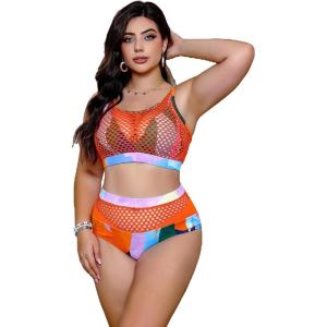 imageFloerns Womens Plus Size Bathing Suit Fishnet High Waist Bikini Set Rave OutfitOrange Multi