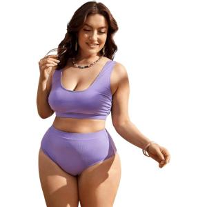 imageFloerns Womens Plus Size Scoop Neck High Waisted Two Piece Bathing SuitLilac Purple