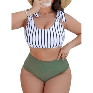 imageFloerns Womens Plus Size Striped Print Tie Shoulder High Waist 2 Piece Bikini SetWhite and Green