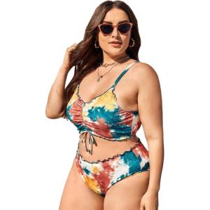imageFloerns Womens Plus Size Tie Dye Rib Knit Ruched Drawstring Bikini SwimsuitA Multicoloured