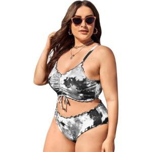 imageFloerns Womens Plus Size Tie Dye Rib Knit Ruched Drawstring Bikini SwimsuitBlack and White
