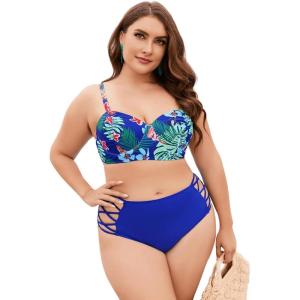 imageFloerns Womens Plus Size Tie Dye Rib Knit Ruched Drawstring Bikini SwimsuitBlue Tropical