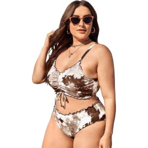 imageFloerns Womens Plus Size Tie Dye Rib Knit Ruched Drawstring Bikini SwimsuitChocolate Brown