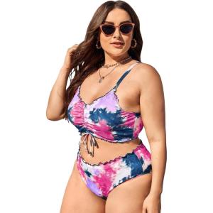 imageFloerns Womens Plus Size Tie Dye Rib Knit Ruched Drawstring Bikini SwimsuitPink Multi