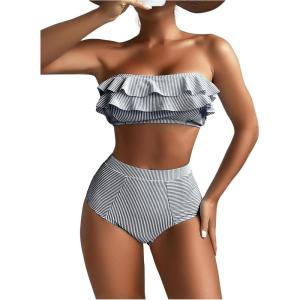 imageFloerns Womens Ruffle Trim Bandeau High Waist Striped Print 2 Piece Bikini SetBlue Striped