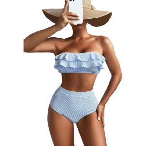 imageFloerns Womens Ruffle Trim Bandeau High Waist Striped Print 2 Piece Bikini SetBlue and White
