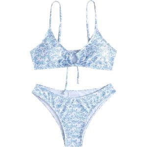 imageFloerns Womens Two Piece Bathing Suit Floral Print Triangle Bikini SwimsuitBlue and White