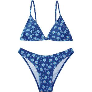 imageFloerns Womens Two Piece Bathing Suit Floral Print Triangle Bikini SwimsuitNavy Blue