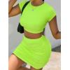 imageFloerns Womens 2 Piece Outfit Crop Top Tee and Ruched Bodycon Mini Skirt SetLime Green