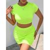 imageFloerns Womens 2 Piece Outfit Crop Top Tee and Ruched Bodycon Mini Skirt SetLime Green