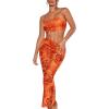 imageFloerns Womens 2 Piece Outfit Floral Print Crop Tube Top and Pencil Skirt SetOrange