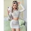 imageFloerns Womens 2 Piece Outfit Letter Graphic Collared Crop Top and Skirt SetGrey and Pink