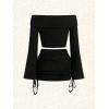 imageFloerns Womens 2 Piece Outfit Off Shoulder Rib Knit T Shirts with Mini Skirt SetBlack