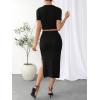imageFloerns Womens 2 Piece Outfit Rib Knit Crop Top Tee with Slit Hem Skirt SetBlack