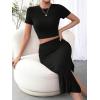 imageFloerns Womens 2 Piece Outfit Rib Knit Crop Top Tee with Slit Hem Skirt SetBlack