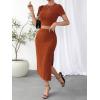 imageFloerns Womens 2 Piece Outfit Rib Knit Crop Top Tee with Slit Hem Skirt SetRust Brown