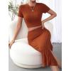 imageFloerns Womens 2 Piece Outfit Rib Knit Crop Top Tee with Slit Hem Skirt SetRust Brown