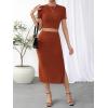 imageFloerns Womens 2 Piece Outfit Rib Knit Crop Top Tee with Slit Hem Skirt SetRust Brown