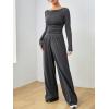 imageFloerns Womens 2 Piece Outfit Solid Scoop Neck Long Sleeve Tee with Pants SetGrey