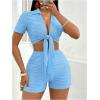 imageFloerns Womens 2 Piece Outfit Tie Front Short Sleeve Crop Top with Shorts SetDusty Blue