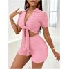imageFloerns Womens 2 Piece Outfit Tie Front Short Sleeve Crop Top with Shorts SetLight Pink