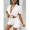 imageFloerns Womens 2 Piece Outfit Tie Front Short Sleeve Crop Top with Shorts SetWhite