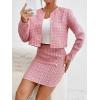 imageFloerns Womens 2 Piece Outfits Plaid Tweed Blazer Long Sleeve Jacket and Skirt SetLight Pink