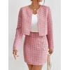 imageFloerns Womens 2 Piece Outfits Plaid Tweed Blazer Long Sleeve Jacket and Skirt SetLight Pink