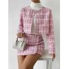 imageFloerns Womens 2 Piece Outfits Plaid Tweed Blazer Long Sleeve Jacket and Skirt SetPale Pink