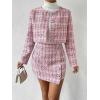 imageFloerns Womens 2 Piece Outfits Plaid Tweed Blazer Long Sleeve Jacket and Skirt SetPale Pink